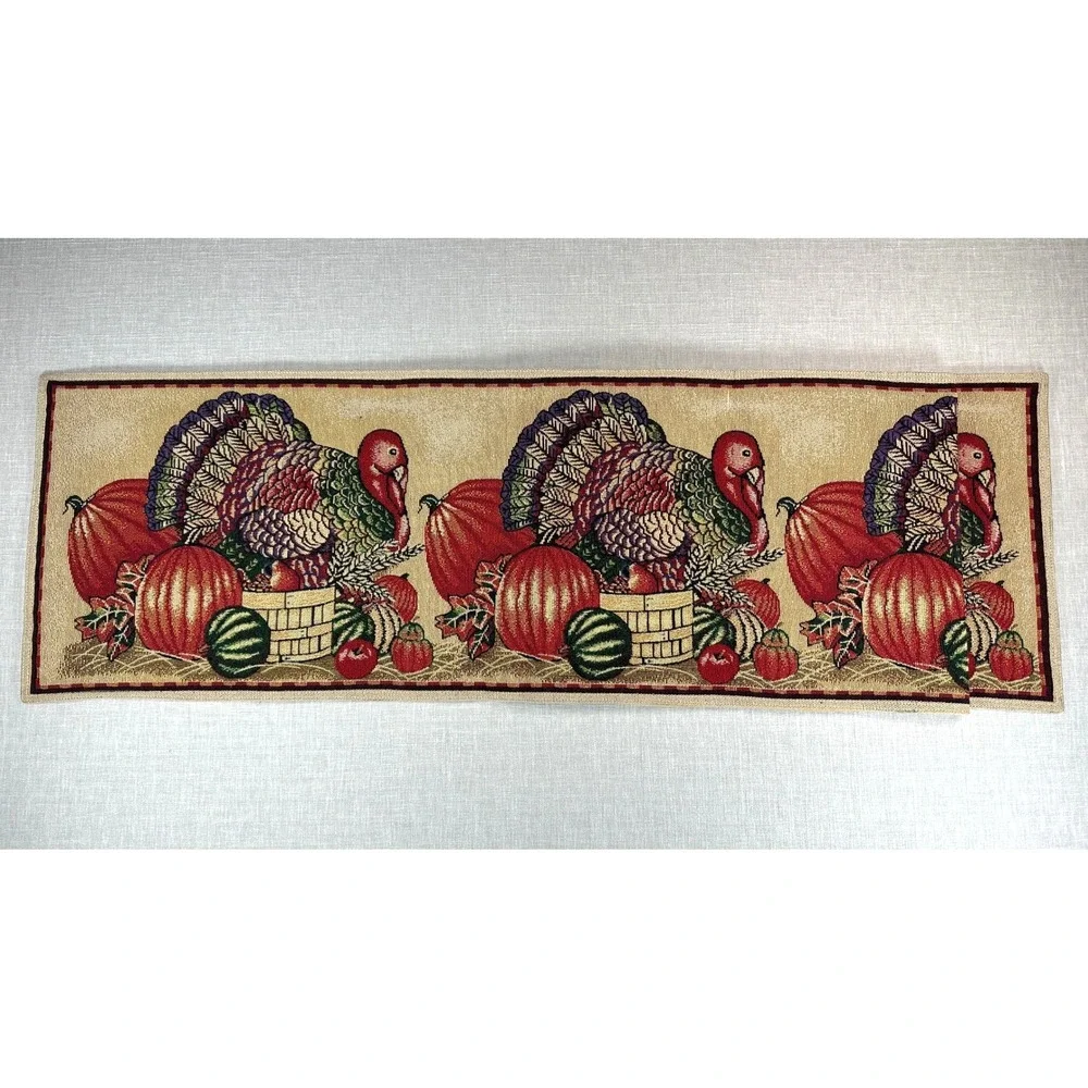 Thanksgiving Tapestry Table Runner 72 x 13 Turkey Pumpkin Fall Harvest Decor